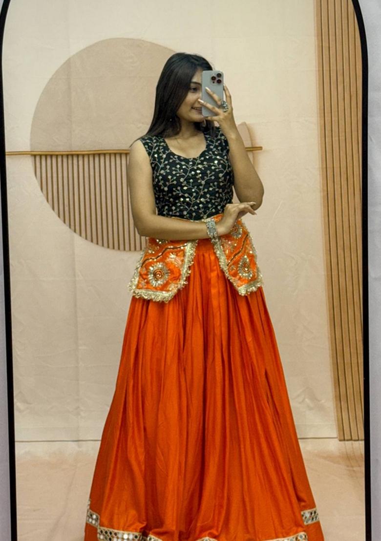 Orange Embroidered Cotton Lehenga Set - Indya