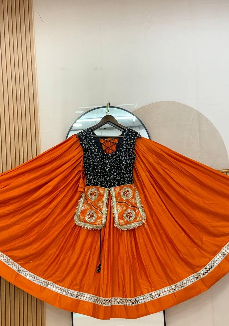 Orange Embroidered Cotton Lehenga Set - Indya
