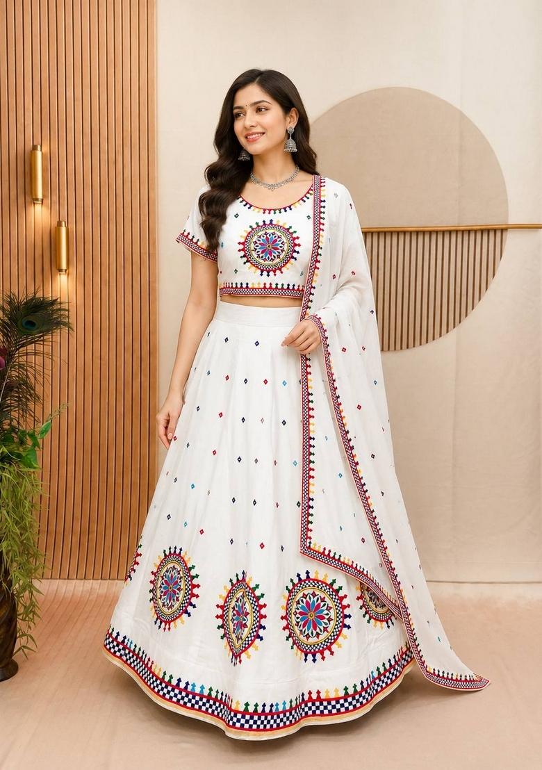 White Embroidered Cotton Lehenga Set - Indya