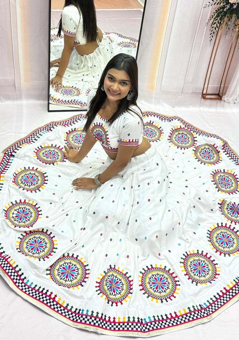 White Embroidered Cotton Lehenga Set - Indya