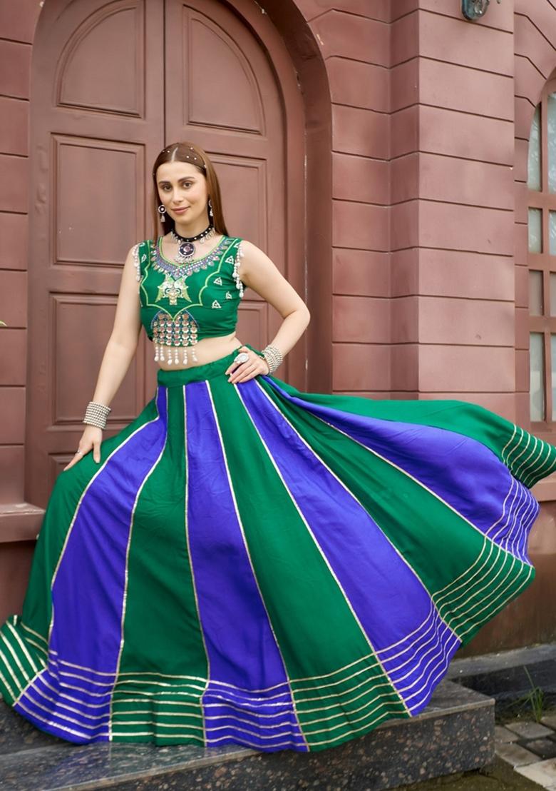 Green Embroidered Cotton Lehenga Set - Indya
