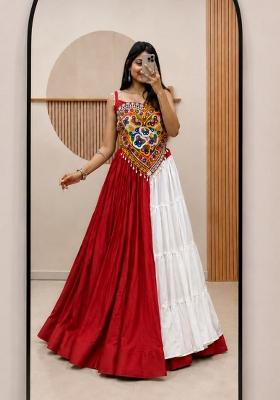 Red Embroidered Cotton Lehenga Set