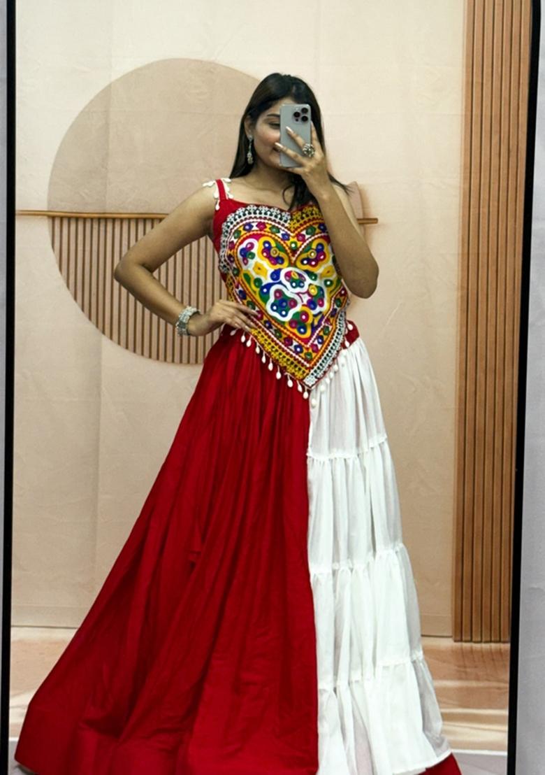 Red Embroidered Cotton Lehenga Set - Indya