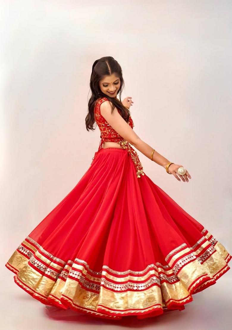 Red Embroidered Cotton Lehenga Set - Indya