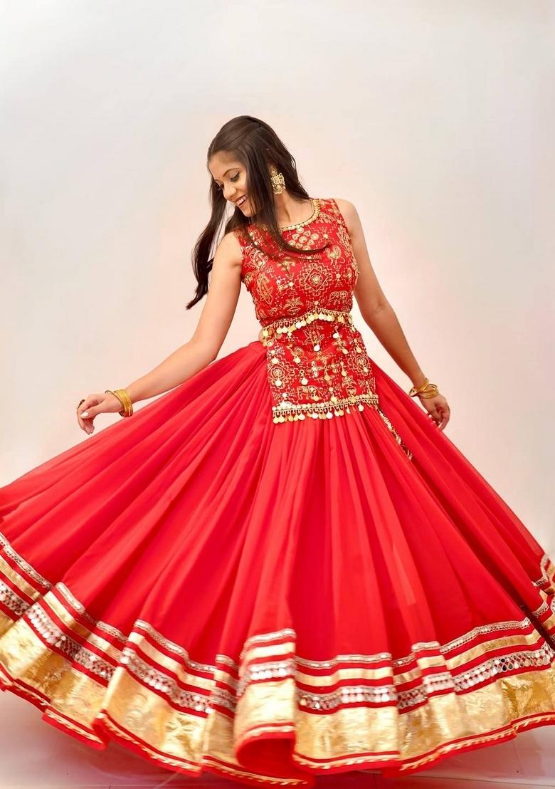 Red Embroidered Cotton Lehenga Set - Indya