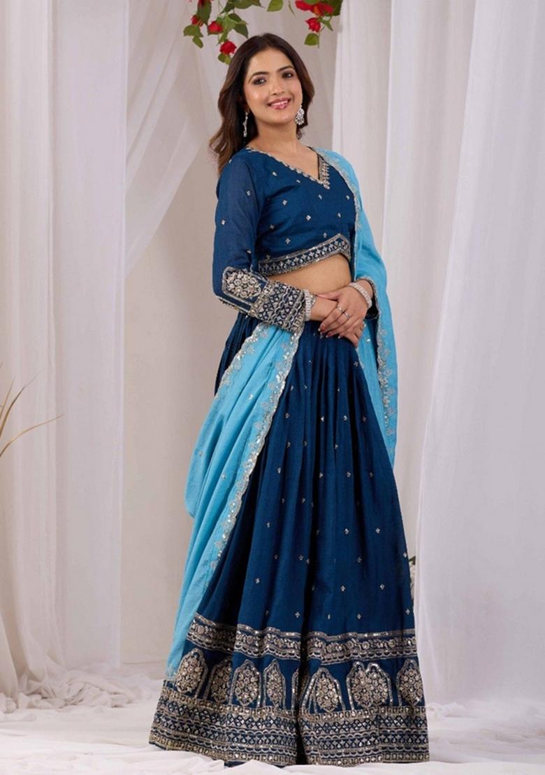 Rama Embroidered Vichitra Lehenga Set - Indya