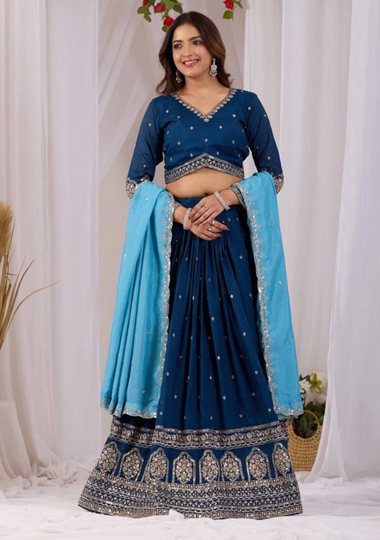 Rama Embroidered Vichitra Lehenga Set - Indya