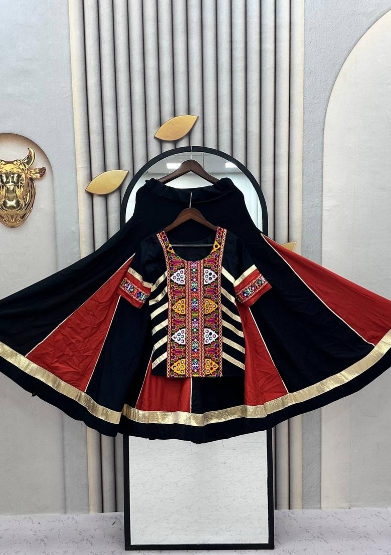 Black Embroidered Cotton Lehenga Set - Indya