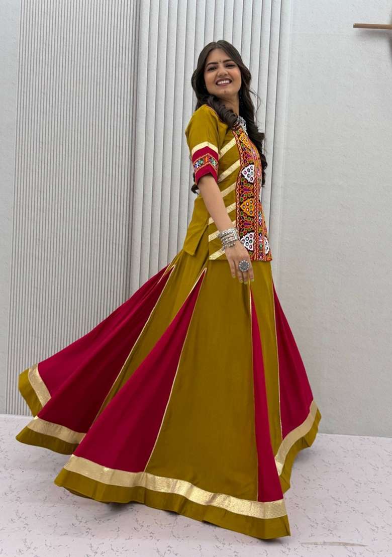 Mustard Embroidered Cotton Lehenga Set - Indya
