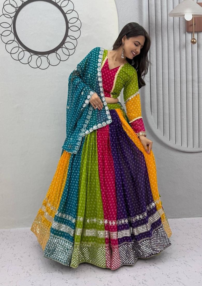 Multicolor Embroidered Georgette Lehenga Set - Indya