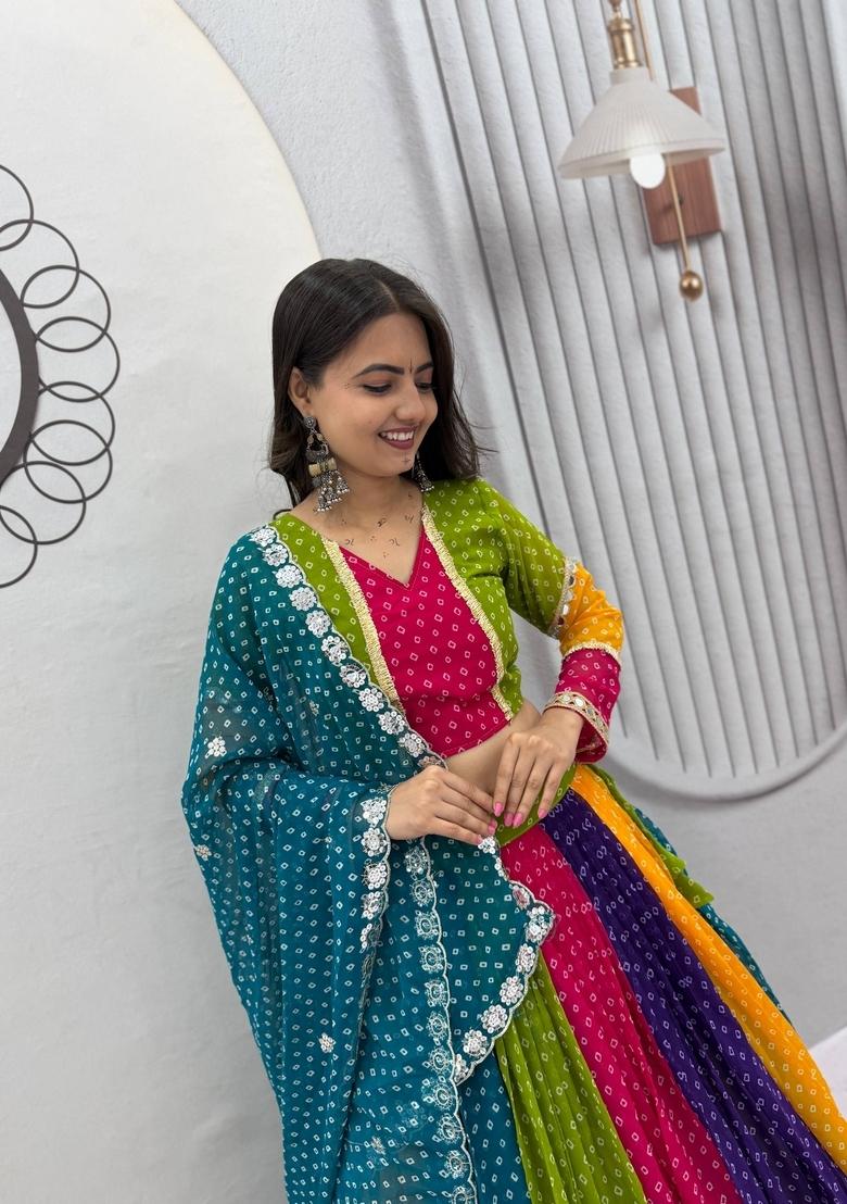 Multicolor Embroidered Georgette Lehenga Set - Indya