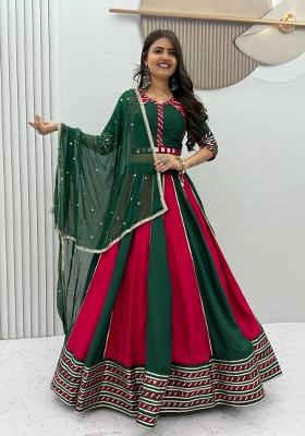 Green Embroidered Cotton Lehenga Set