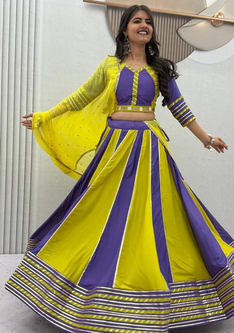 Yellow Embroidered Cotton Lehenga Set - Indya