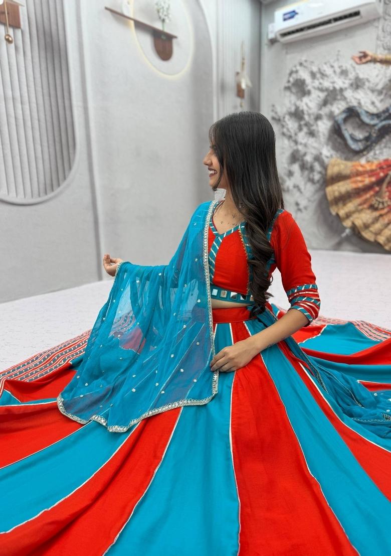 Sky Blue Embroidered Cotton Lehenga Set - Indya
