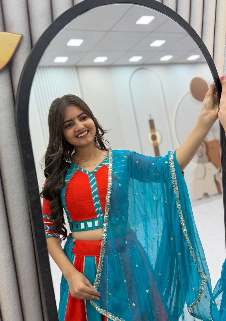 Sky Blue Embroidered Cotton Lehenga Set - Indya