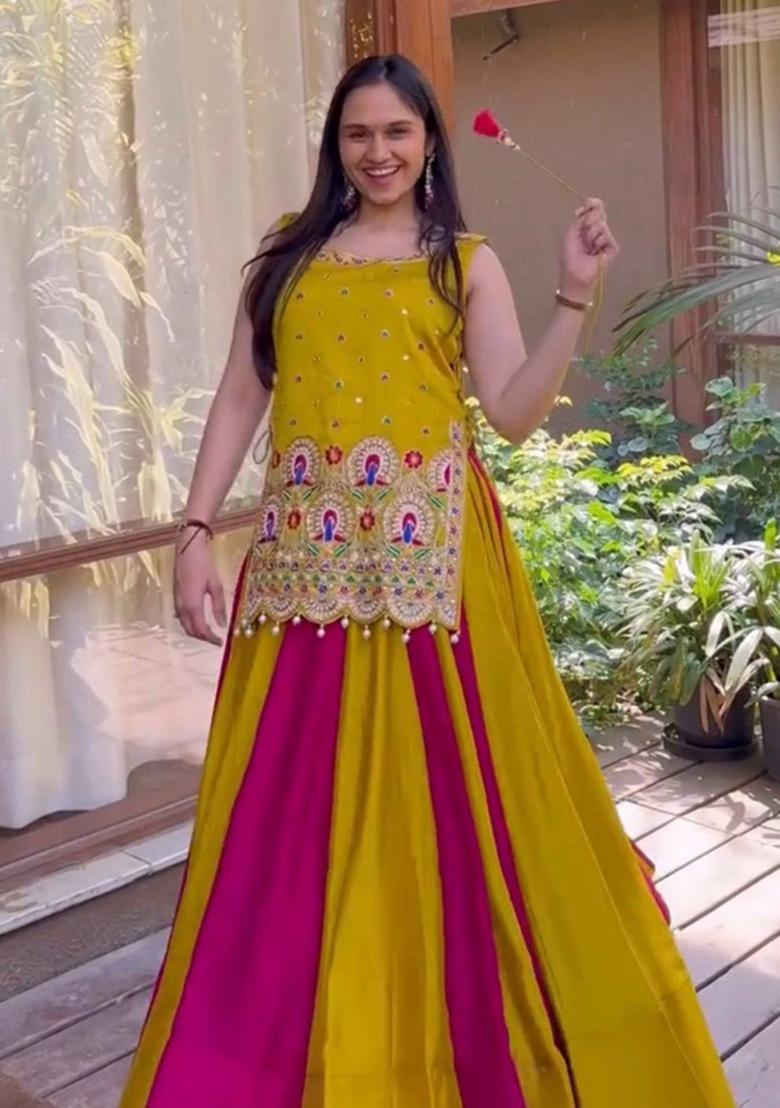 Yellow Embroidered Silk Lehenga Set - Indya
