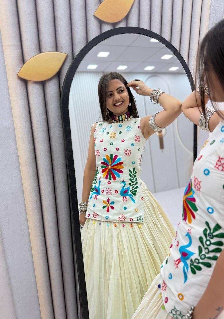 White Embroidered Cotton Lehenga Set - Indya