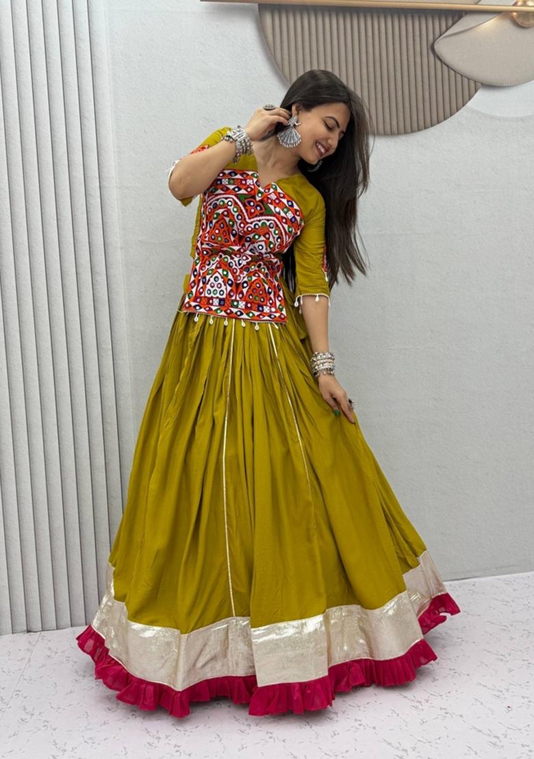 Yellow Embroidered Cotton Lehenga Set - Indya