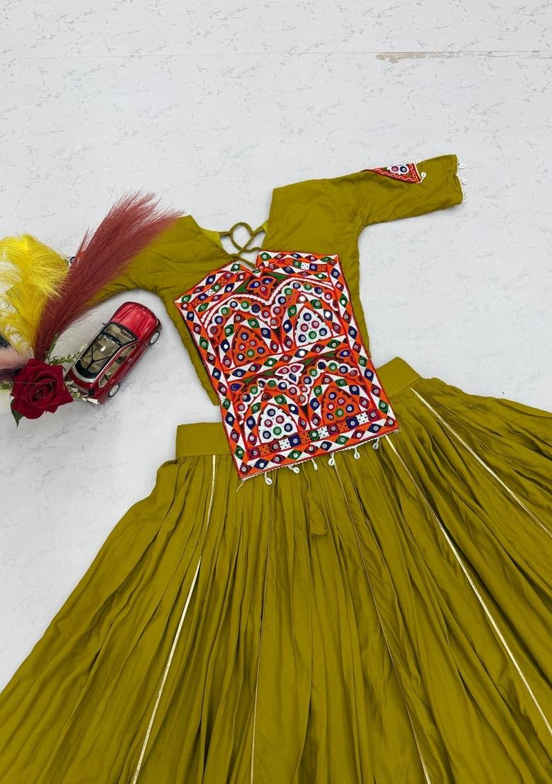 Yellow Embroidered Cotton Lehenga Set - Indya