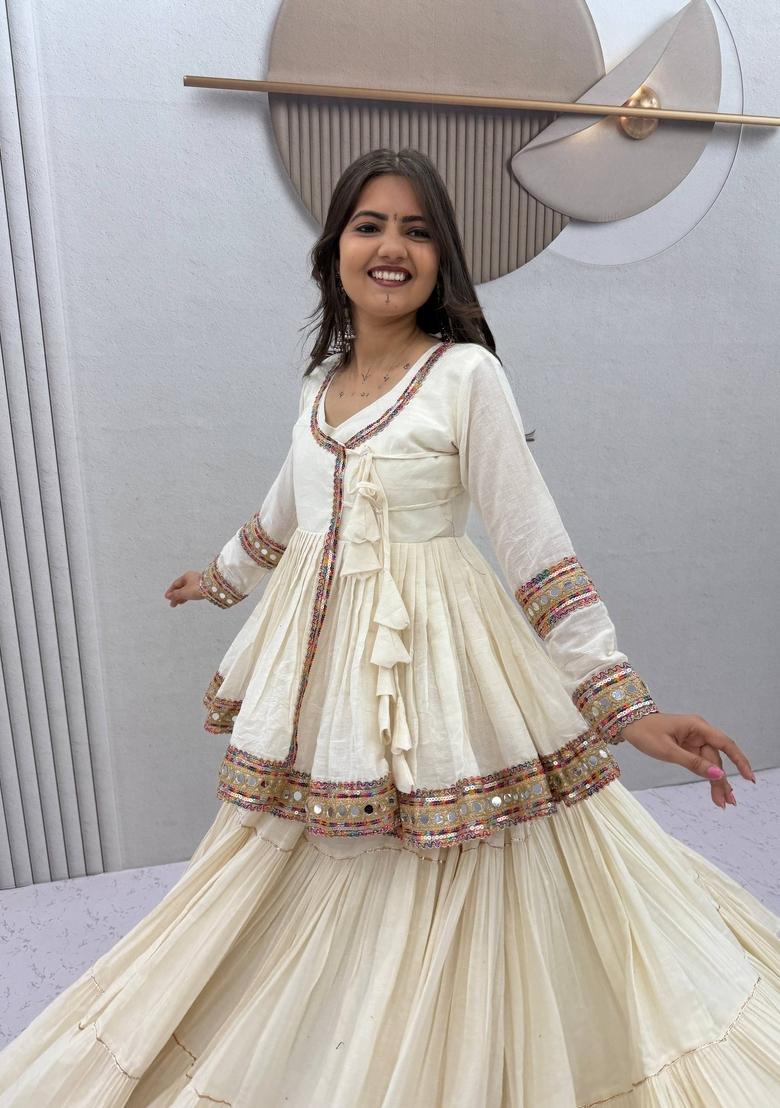White Embroidered Cotton Lehenga Set - Indya