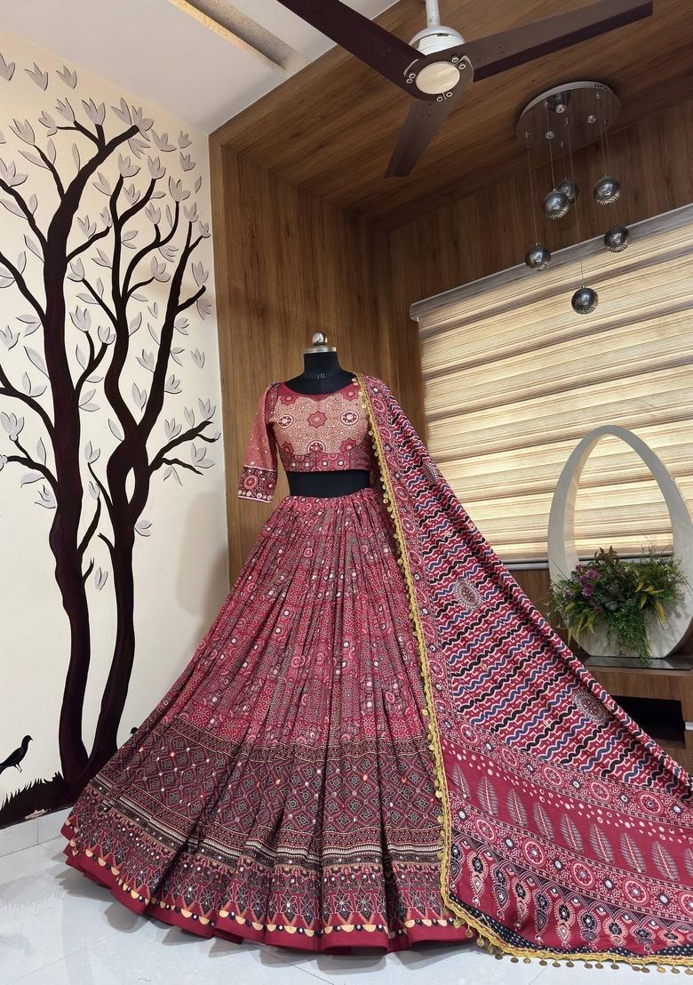 Multicolor Mirror Work Cotton Lehenga Set - Indya