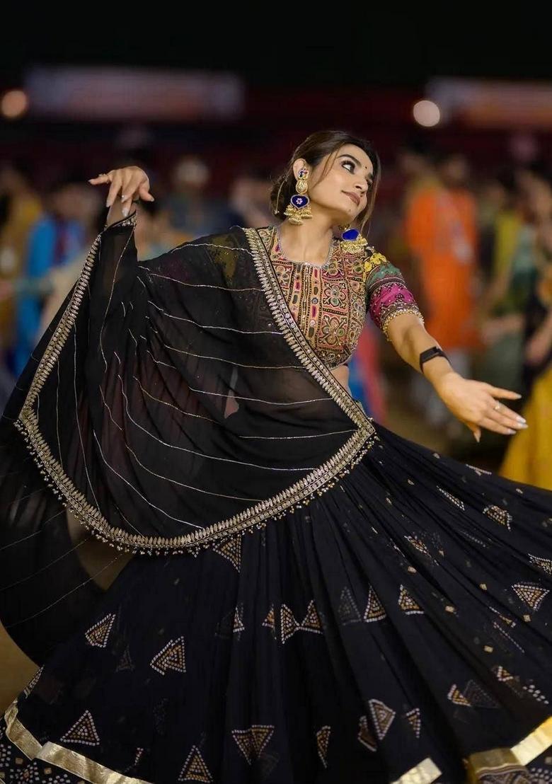Black Mirror Work Cotton Lehenga Set - Indya