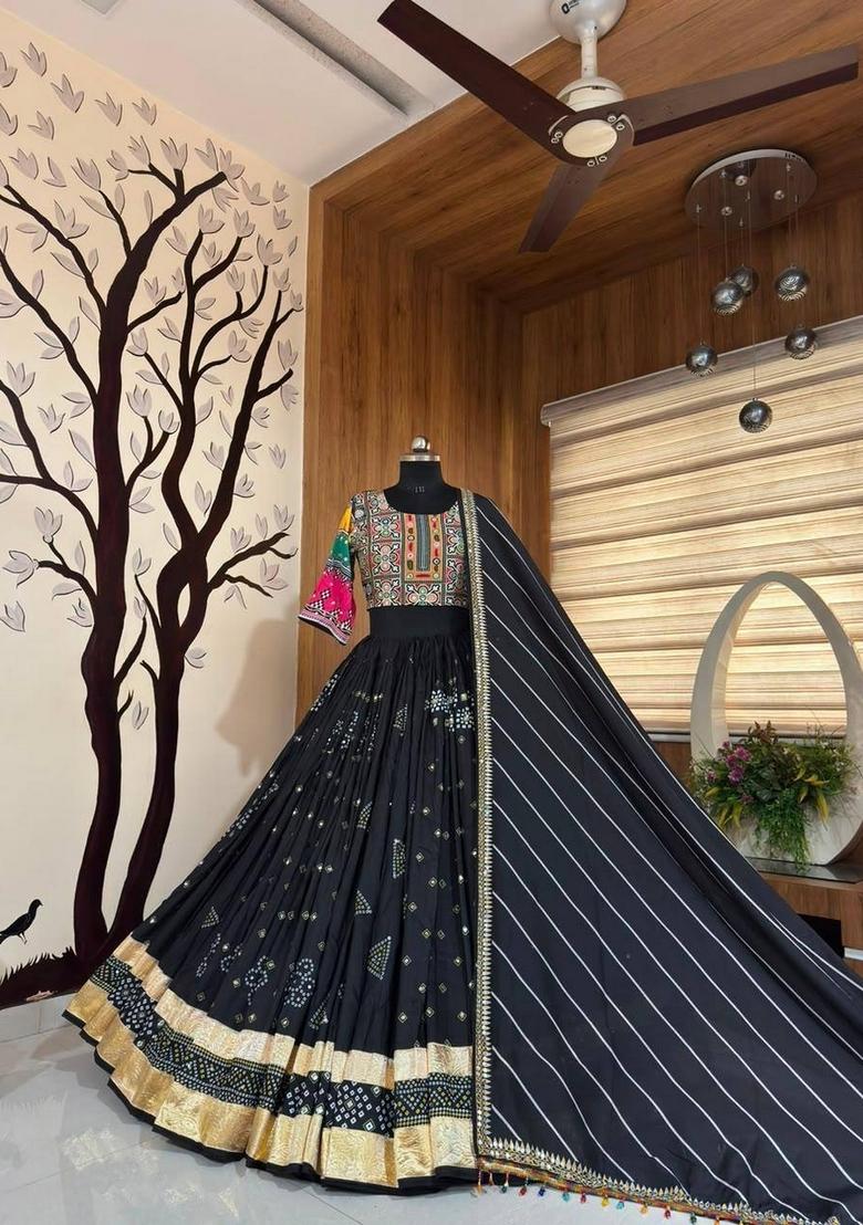 Black Mirror Work Cotton Lehenga Set - Indya