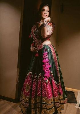 Green Mirror Work Cotton Lehenga Set
