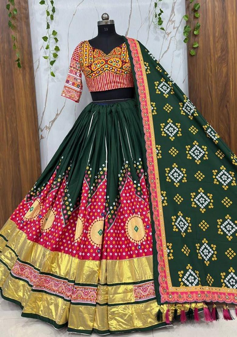 Green Mirror Work Cotton Lehenga Set - Indya