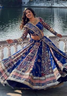Blue Mirror Work Cotton Lehenga Set