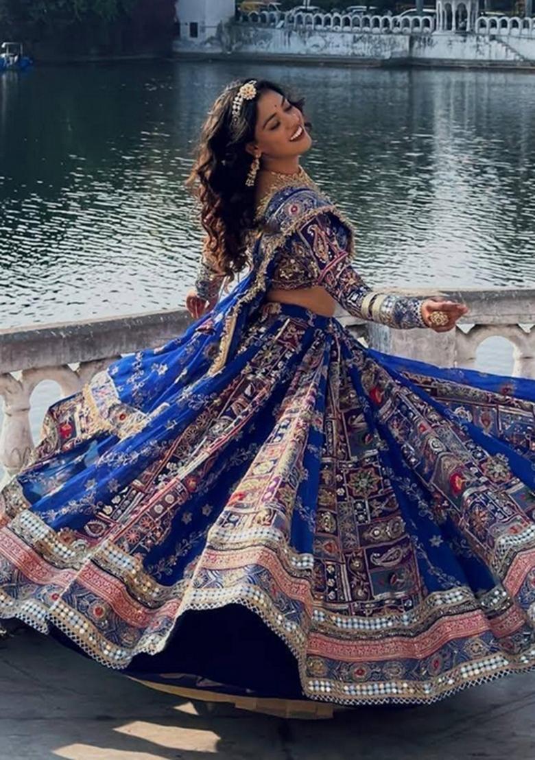 Blue Mirror Work Cotton Lehenga Set - Indya