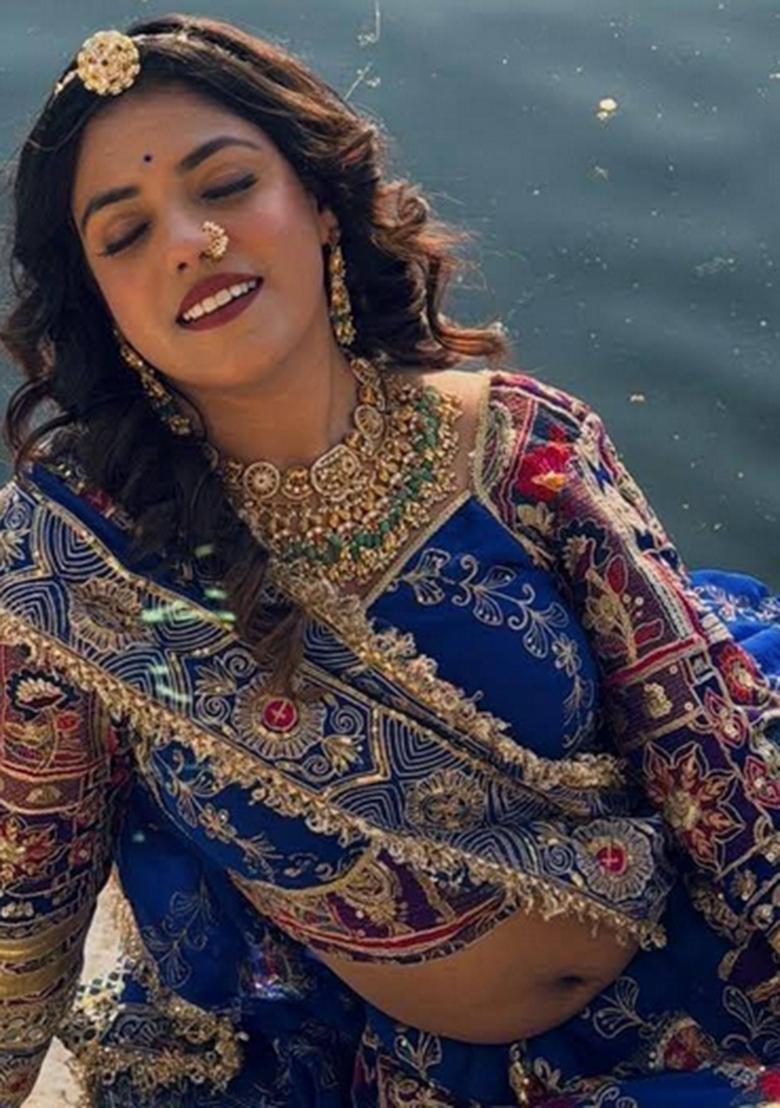 Blue Mirror Work Cotton Lehenga Set - Indya