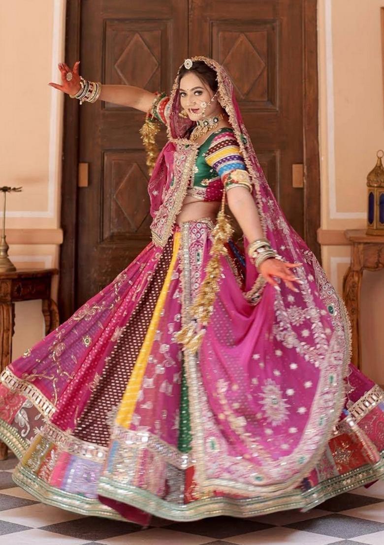 Multicolor Mirror Work Cotton Lehenga Set - Indya
