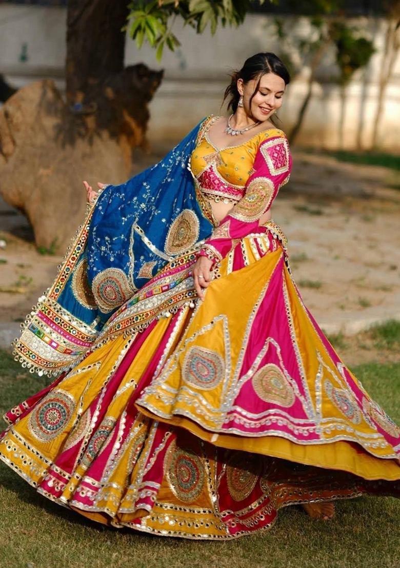 Multicolor Mirror Work Cotton Lehenga Set - Indya