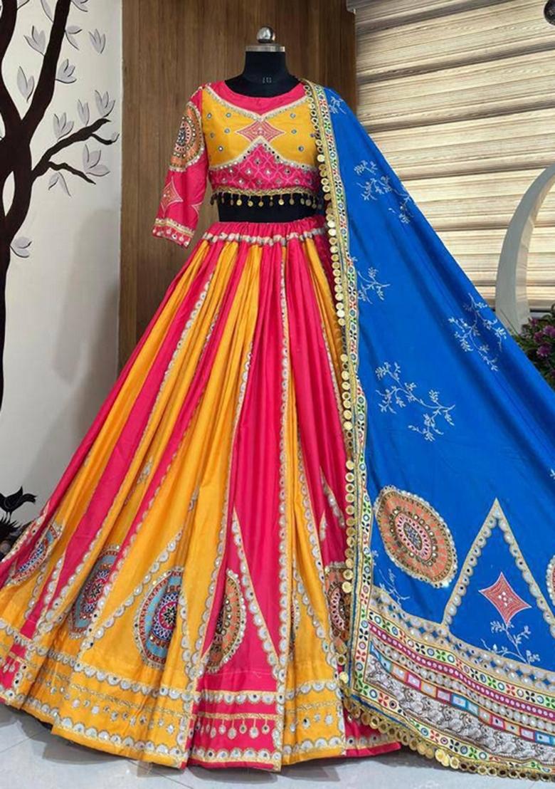Multicolor Mirror Work Cotton Lehenga Set - Indya