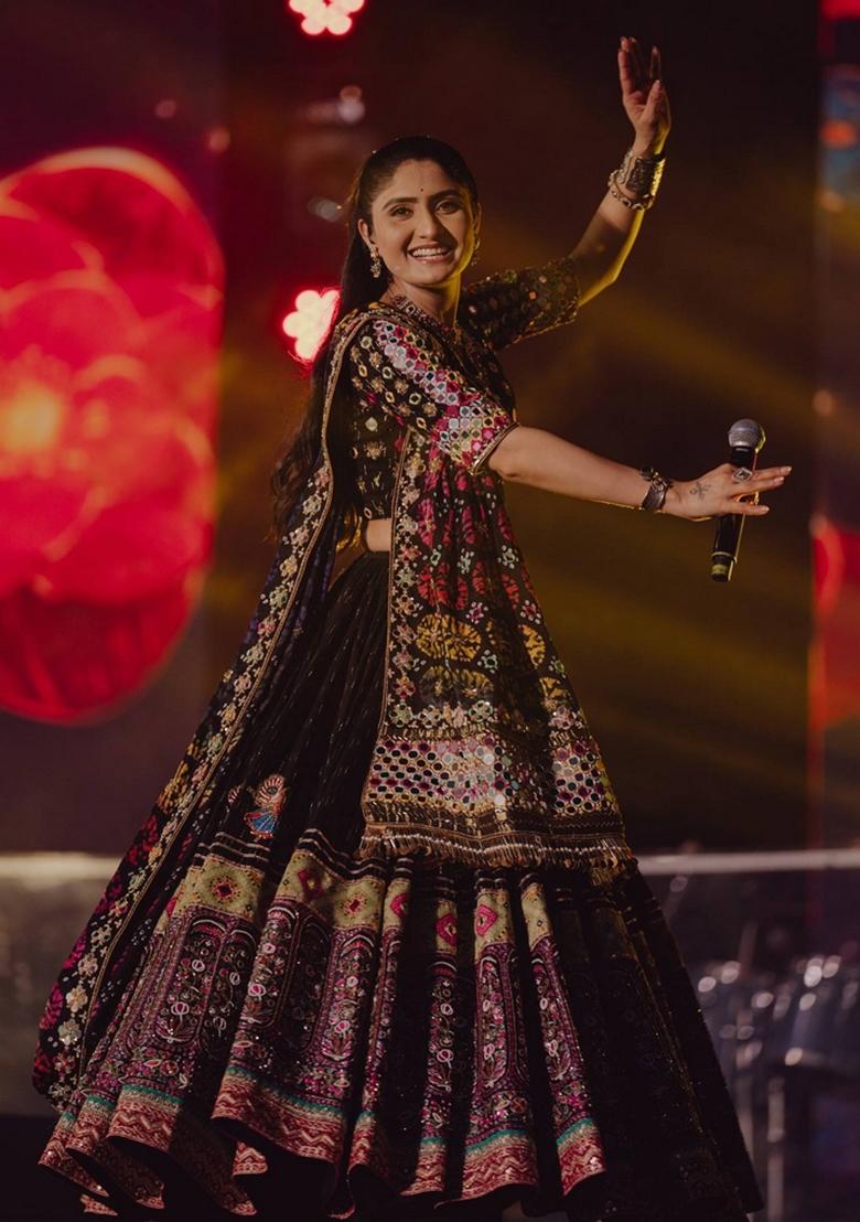 Black Mirror Work Cotton Lehenga Set - Indya