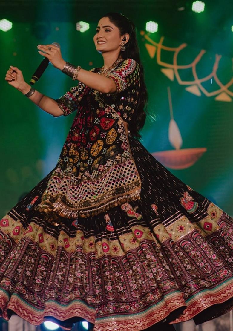 Black Mirror Work Cotton Lehenga Set - Indya