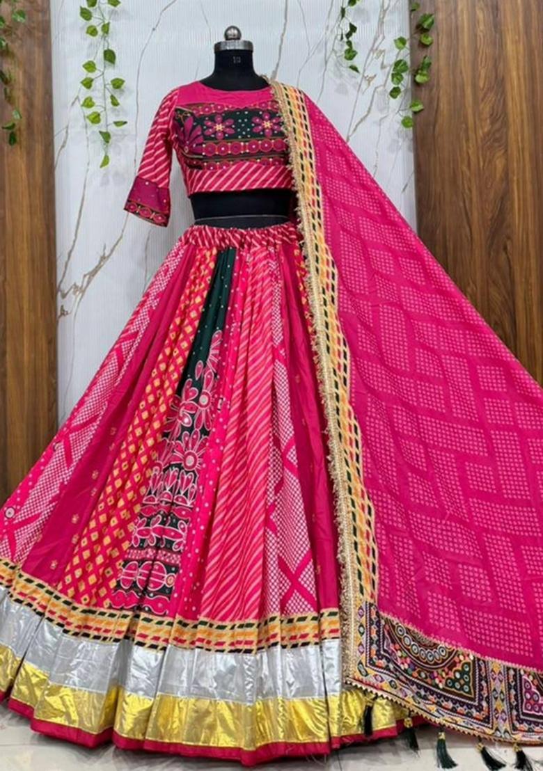 Pink Mirror Work Cotton Lehenga Set - Indya