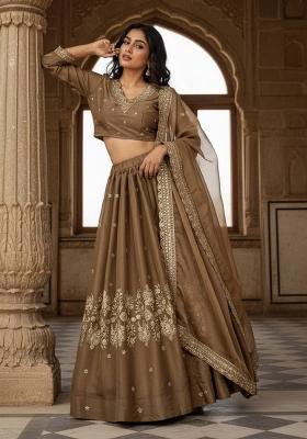 Brown Embroidered Silk Lehenga Set