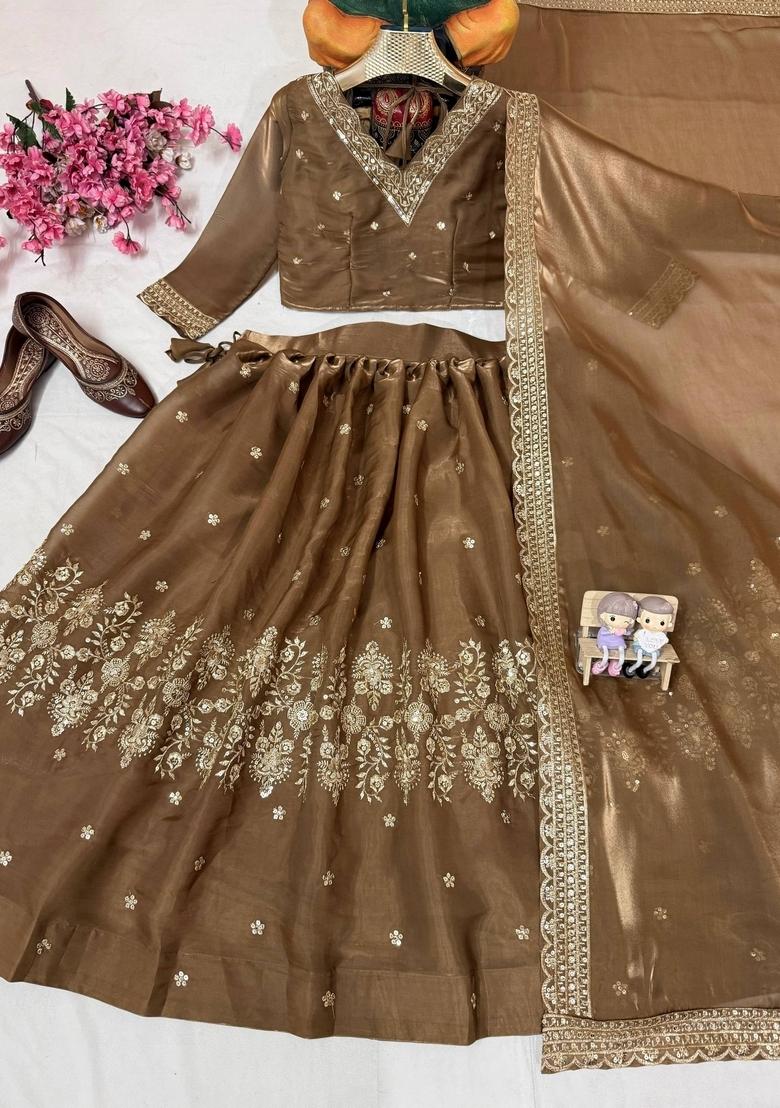 Brown Embroidered Silk Lehenga Set - Indya
