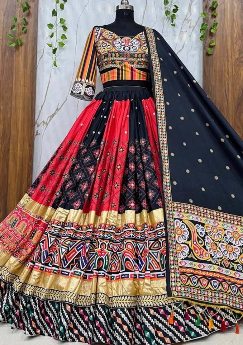 Multicolor Embroidered Silk Lehenga Set - Indya