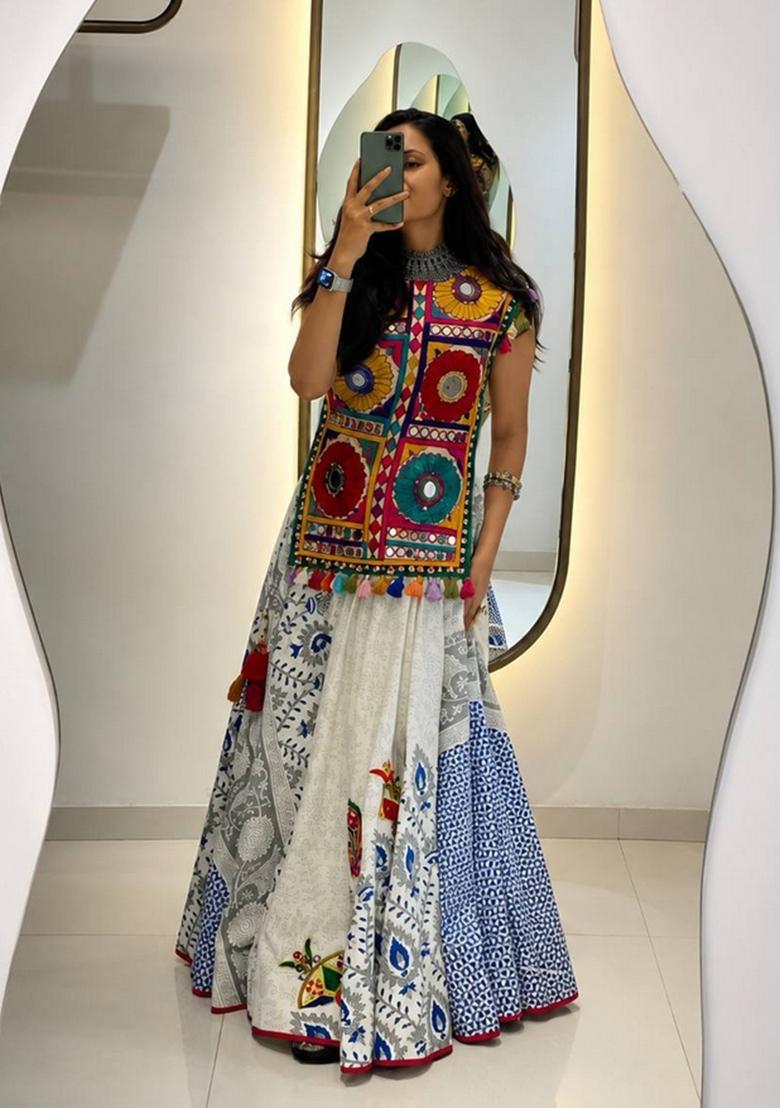 Multicolor Embroidered Cotton Lehenga Set - Indya