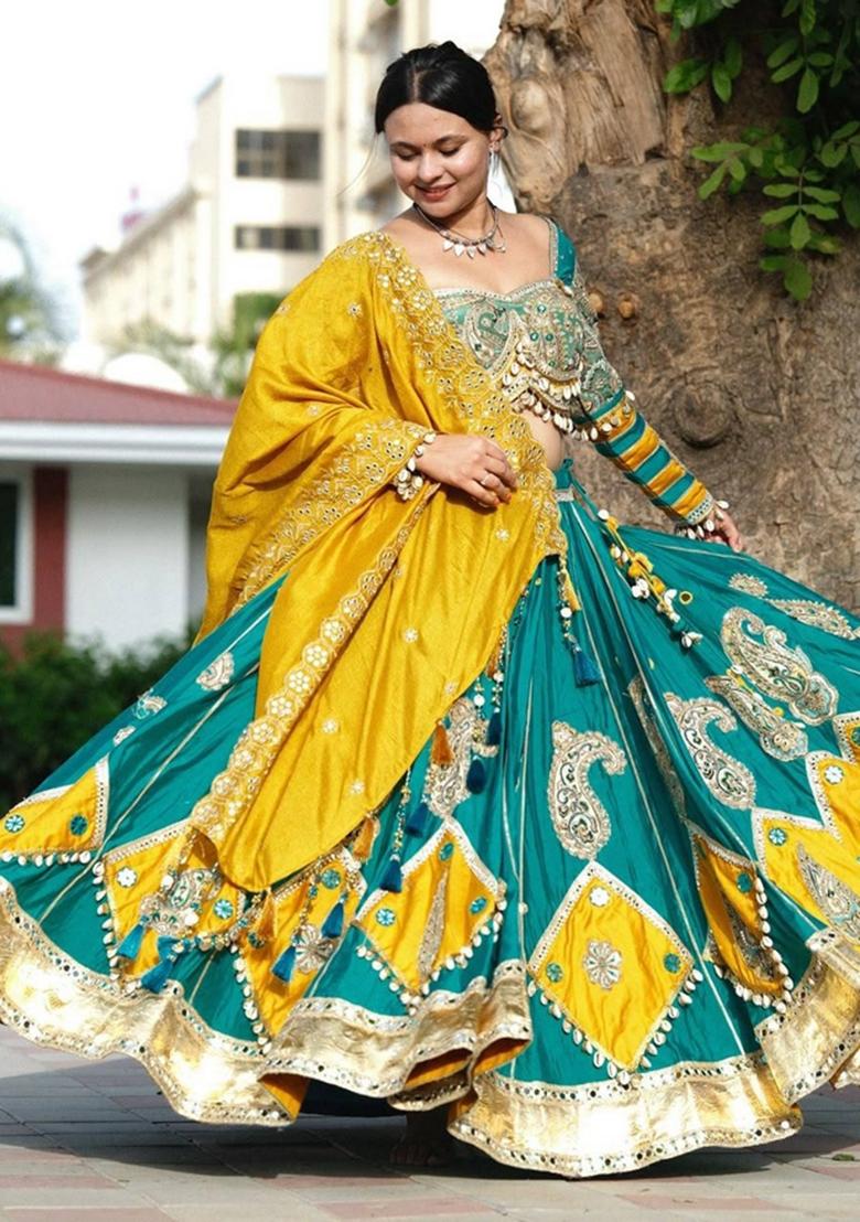Multicolor Embroidered Cotton Lehenga Set - Indya