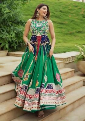 Green Embroidered Cotton Lehenga Set