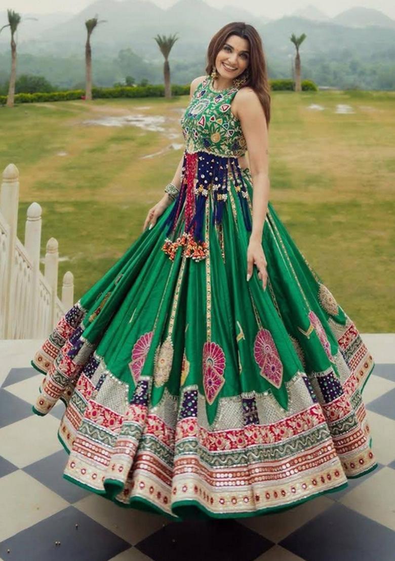 Green Embroidered Cotton Lehenga Set - Indya