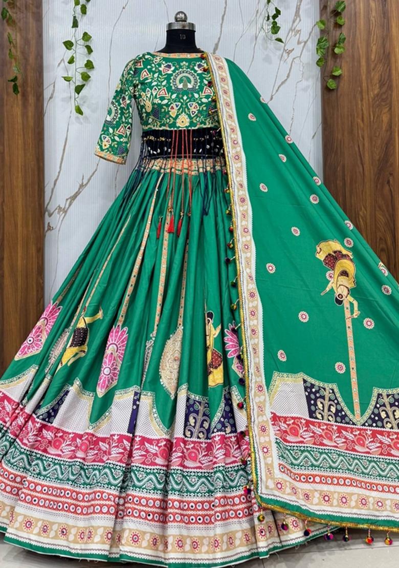 Green Embroidered Cotton Lehenga Set - Indya