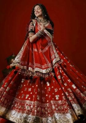 Red Embroidered Crepe Lehenga Set