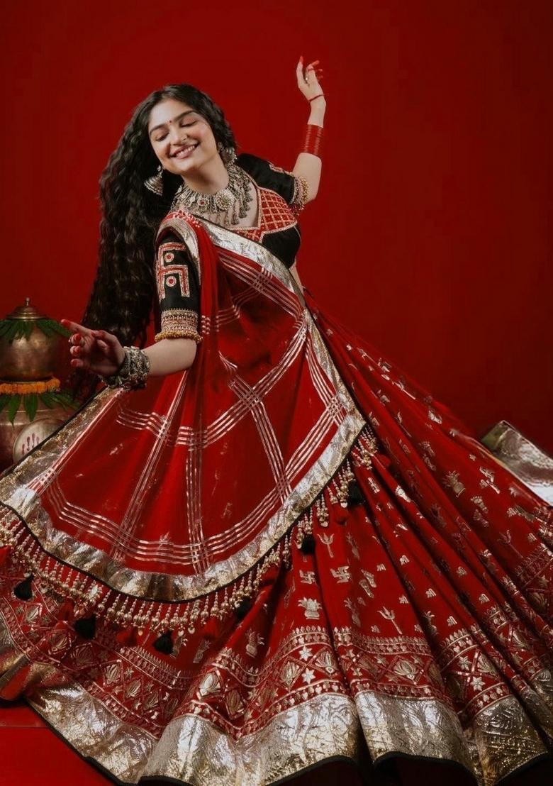 Red Embroidered Crepe Lehenga Set - Indya