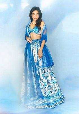 Sky Blue Embroidered Cotton Lehenga Set