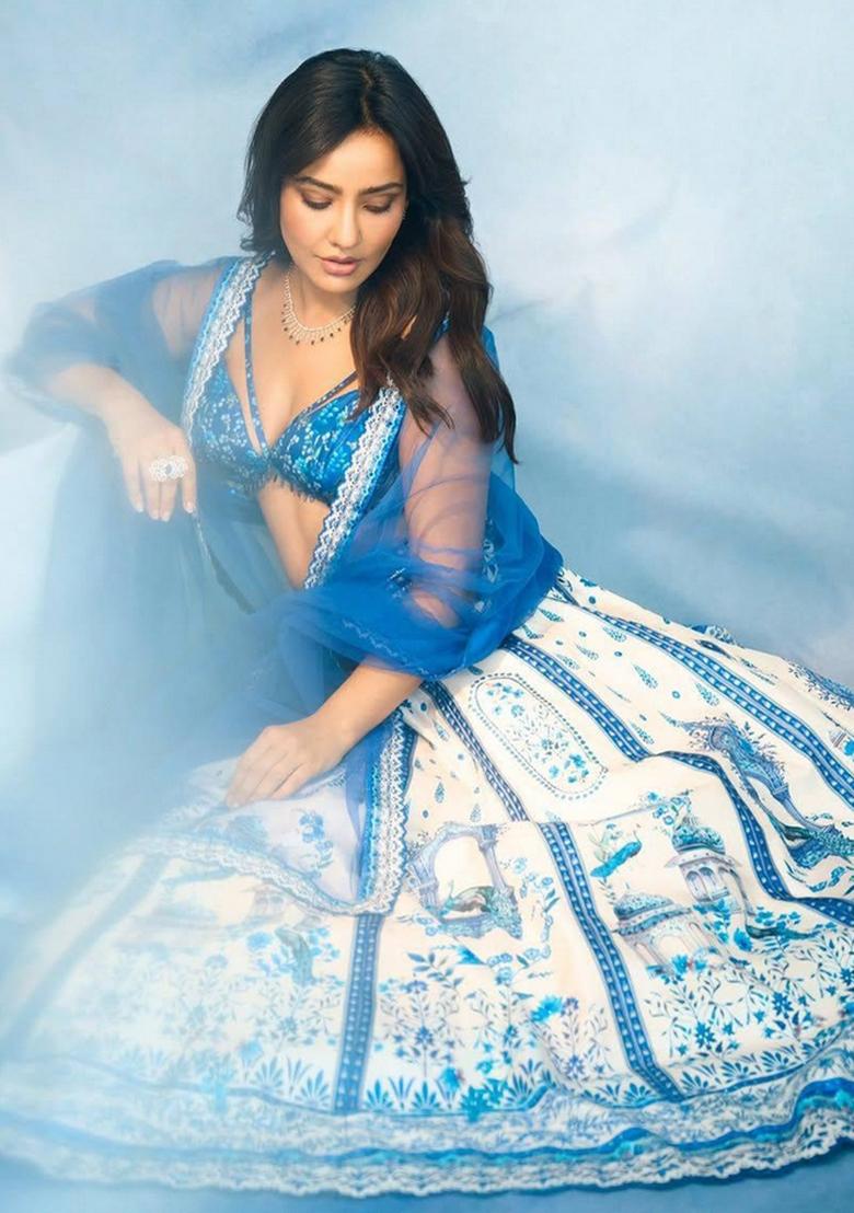 Sky Blue Embroidered Cotton Lehenga Set - Indya